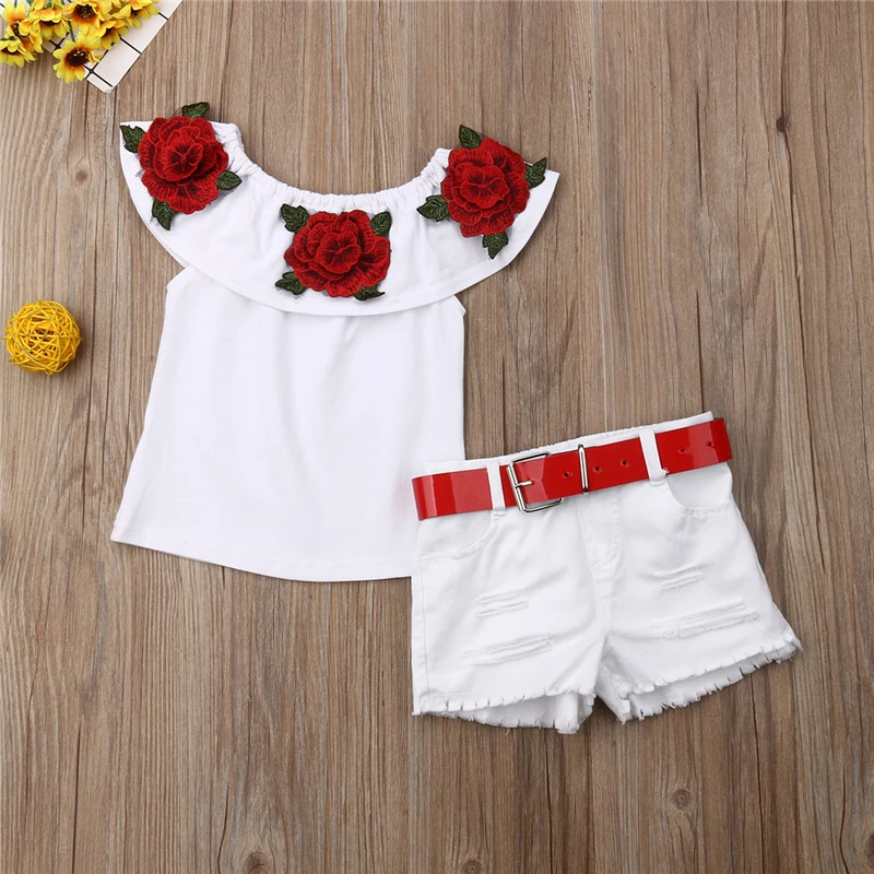 Kids Clothes Girls Rose Flower Off Shoulder Tops+Denim Shorts Baby Girl Summer Outfits Toddler  2PCS Clothes