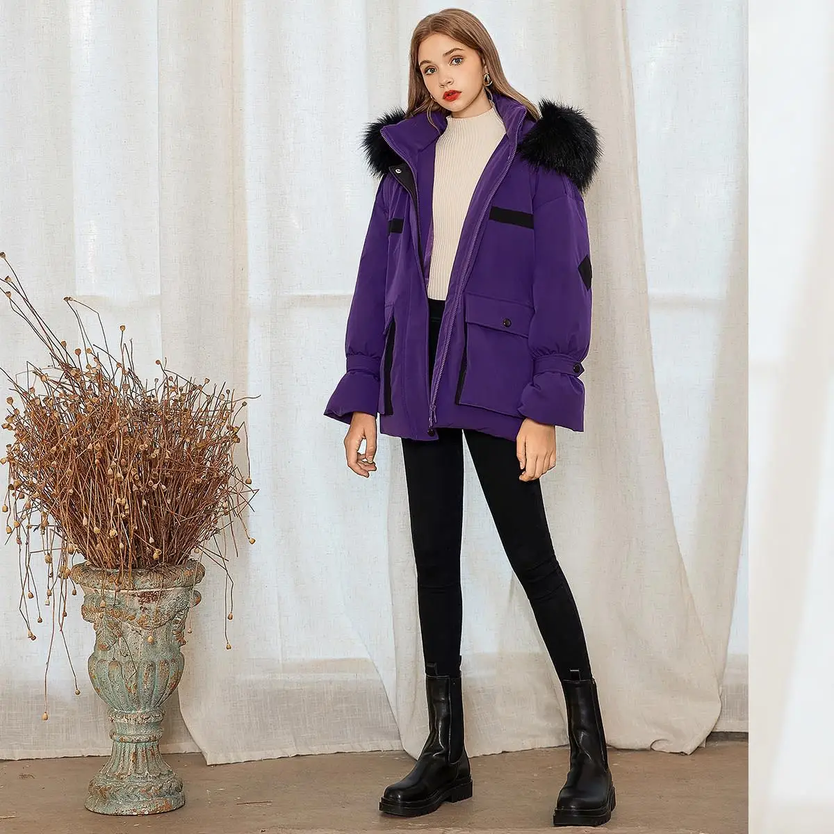 Chaqueta con capucha y cuello de piel grande para mujer, abrigo cálido morado corto informal holgado para invierno, para chicas jóvenes y hermosas, 2024