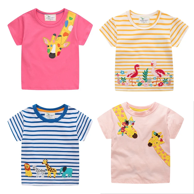 Springen Meter Dieren Borduren Meisjes Tees Katoen Zomer Kinderen T-shirts Mode Kinderen Tops Korte Mouwen Kleding Peuter