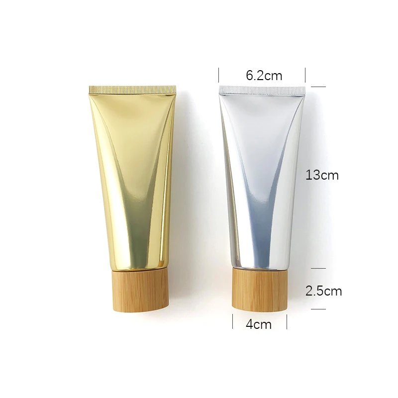 

100ML X 50 Gold Silver Empty Hand Cream Hose Aluminum Plastic Tube, Superior Grade Bamboo Screw Lid BB Cream Soft Container