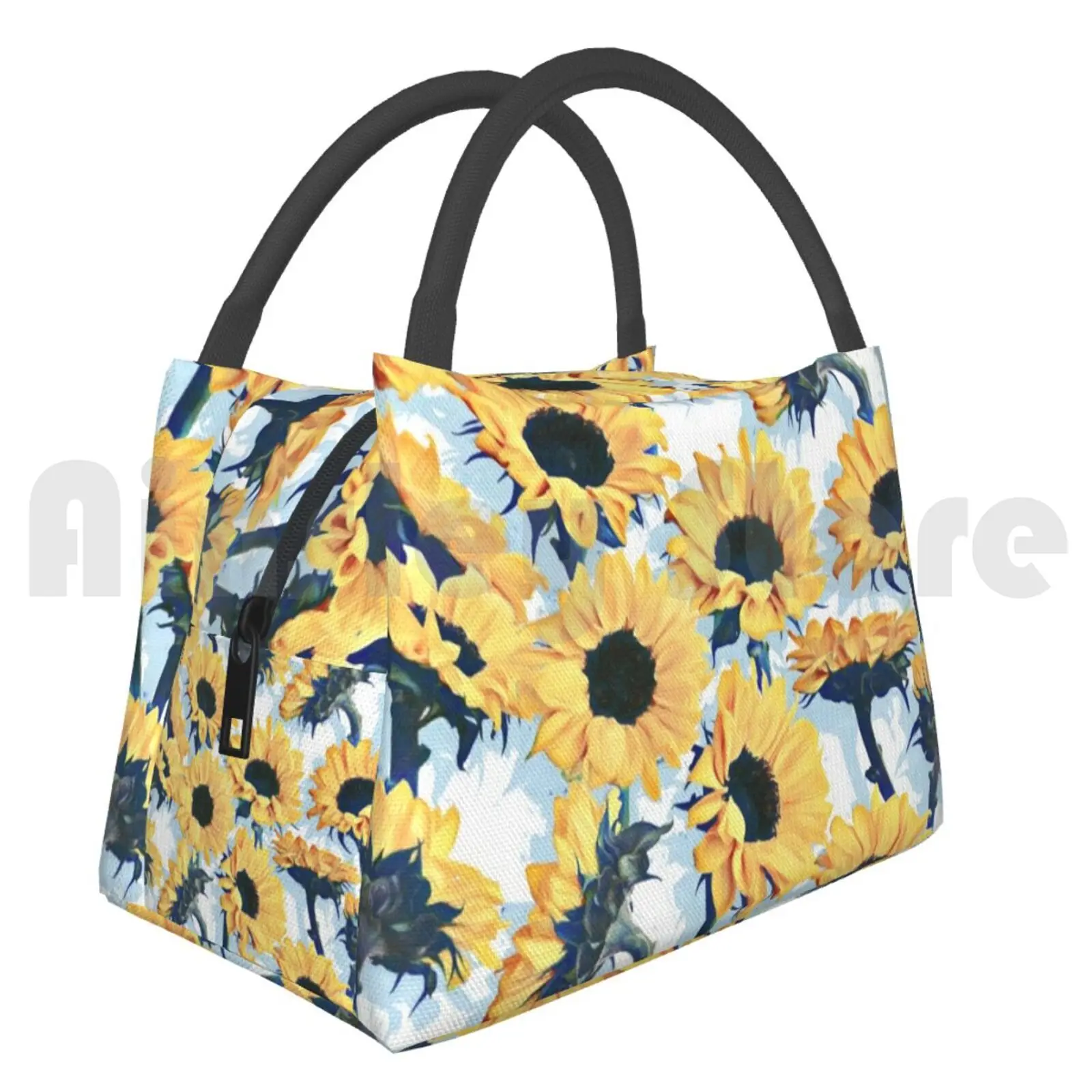 

Cooler Lunch Bag Picnic Bag Sunflowers On Pale Blue And White Sunflower Pattern Texture Yellow Mustard Navy