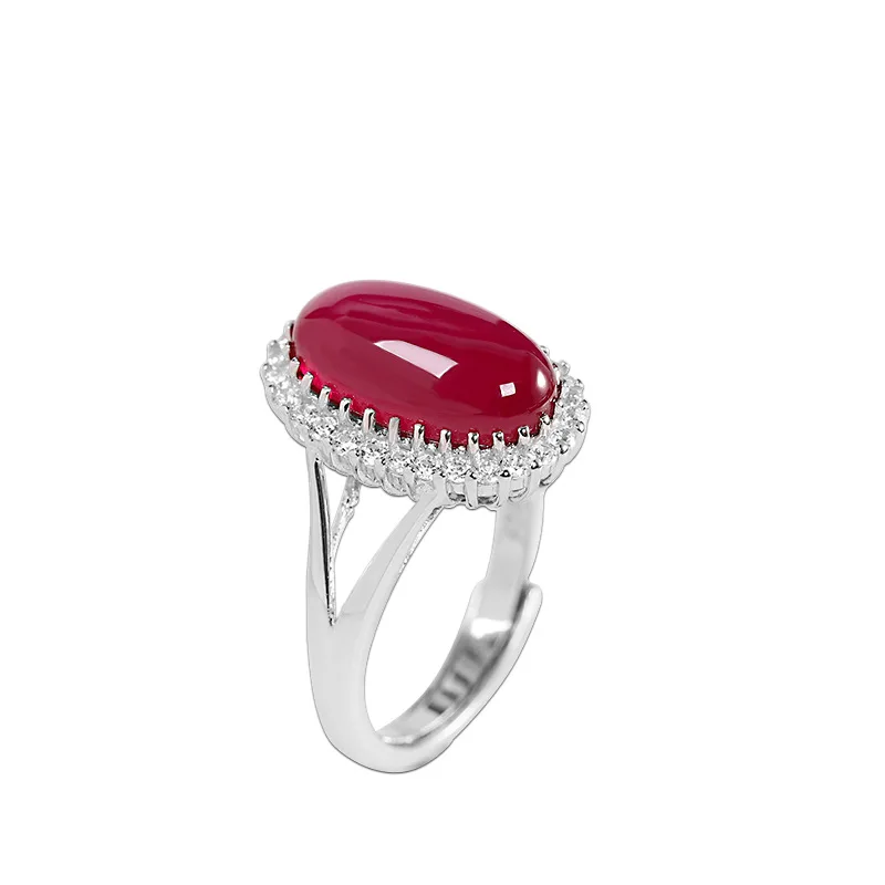 

100% s925 silver inlaid red corundum geometric ring fashion simple women's open ring