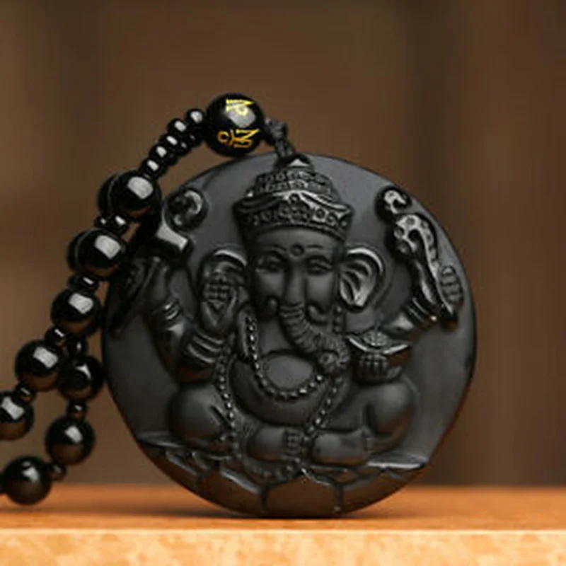 Natural obsidian Ganesha elephant Amulet necklace with adjustable bead chain