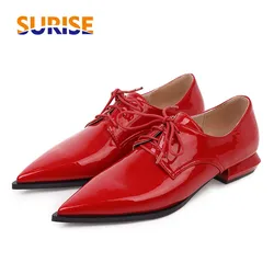 Plus Size Pointed Toe Lace Up Derbies Women Red Gold Patent Leather Flats Square Heels Office Party Lady Oxfords British Brogues