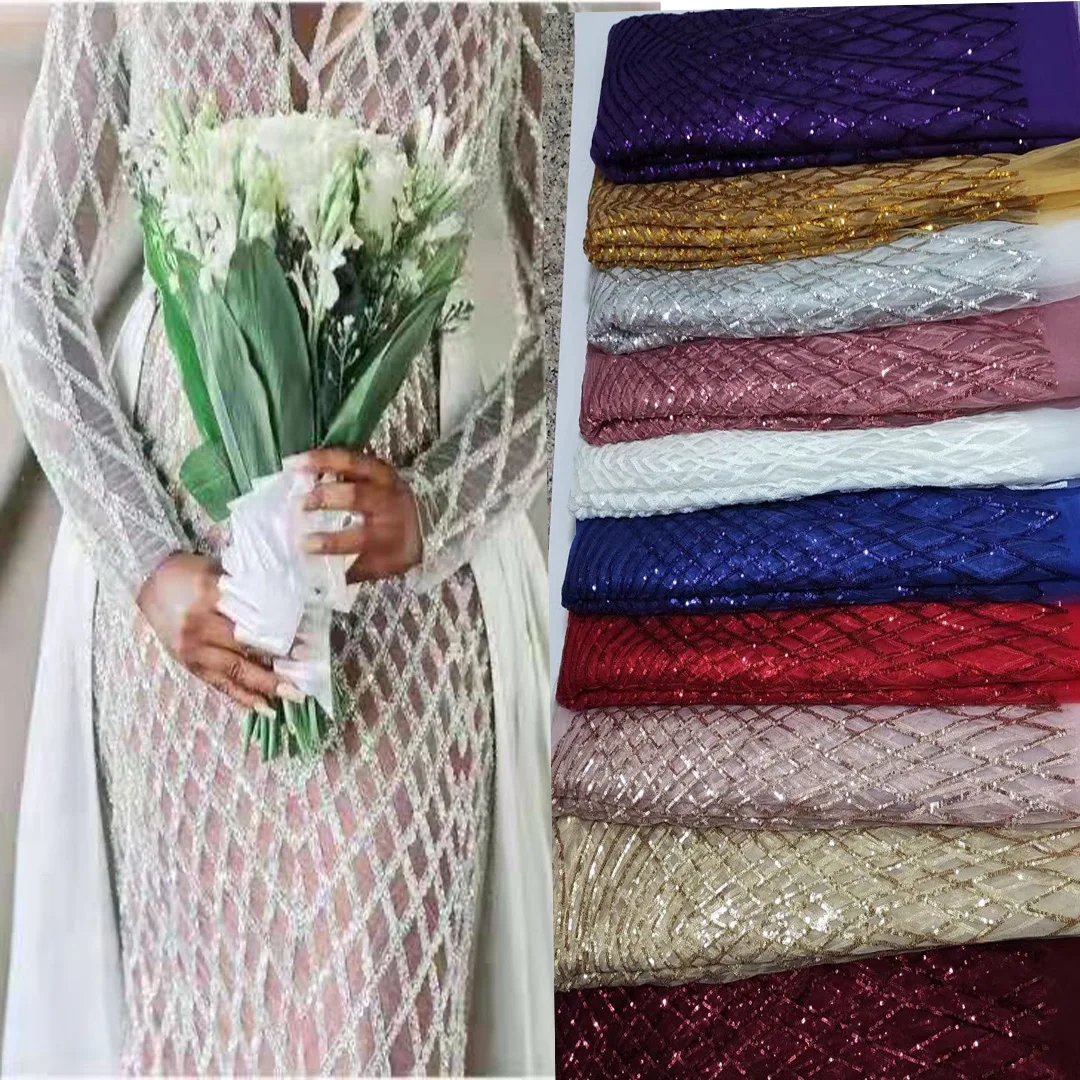 

(5yards/pc) Simple and elegant embroidered African sequins French net lace bling bling tulle lace for party dress FHS124