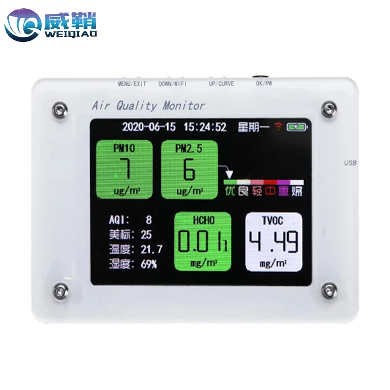 

PM2.5 TVOC CO2 HCHO AQI Haze Formaldehyde Detector Air Monitor Temperature and Humidity with TF Card Support WIFI Function - B1