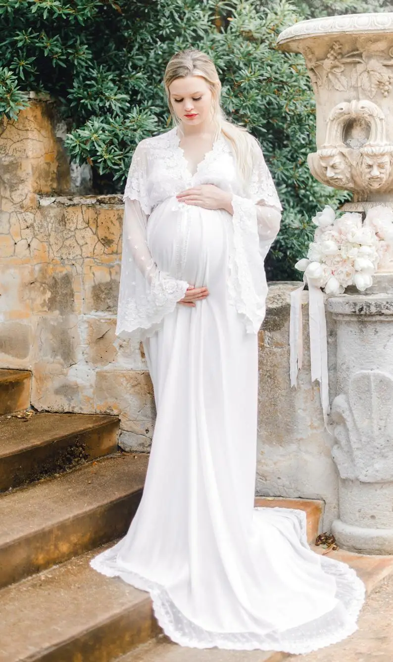 Glamorous Maternity Dress Holy Long Lace Sleeve Bath Robe Gown Sweep Length Wedding Party Nightdress Nightgown Suit