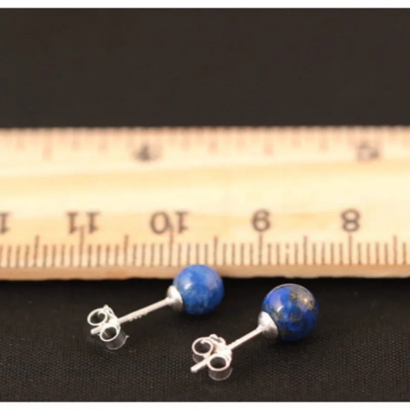 Real 925 Sterling Silver Lapis Lazuli Beads Stud Earrings For Women Vintage Femme Gift Prevent Allergy Fine Jewelry