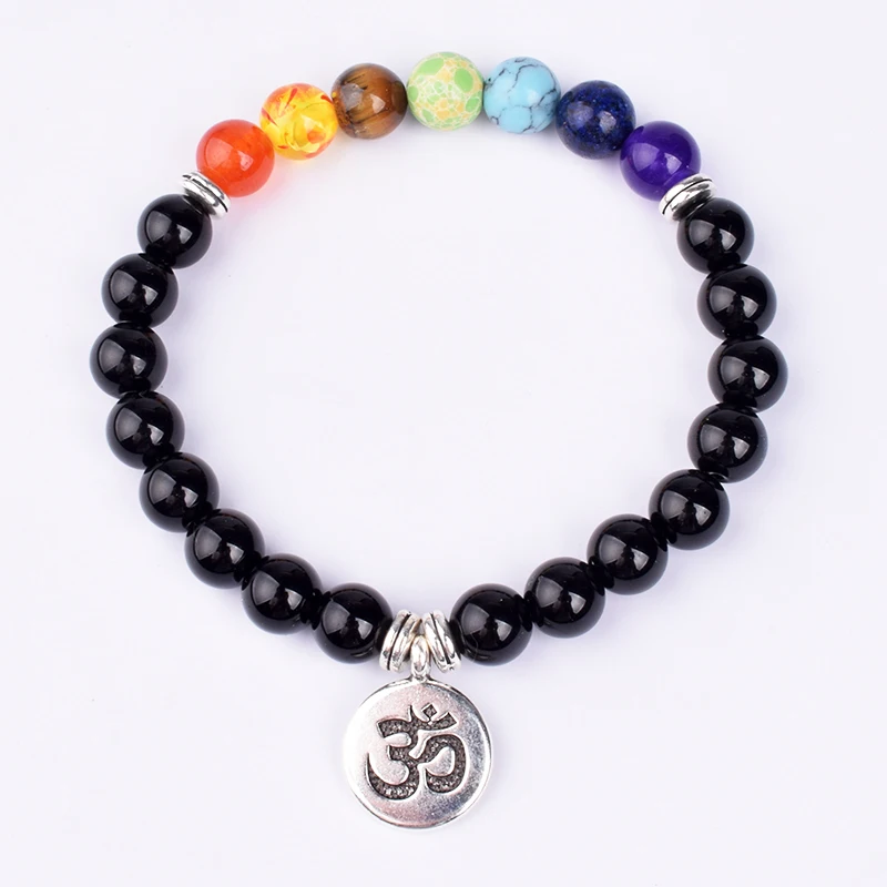 Natural Black Onyx 7 Chakra Bracelets & Bangles for Women Fashion Yoga Balance Healing Bracelets Men Buddha Prayer Beads Jewelry