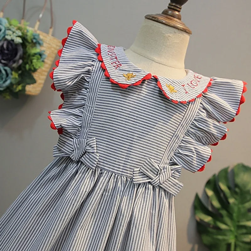 2020 New Summer Girls\' Dress Bow Flying Sleeve Striped Lapel Floral Party Princess Dress Children\'s Kids Girls Clothing