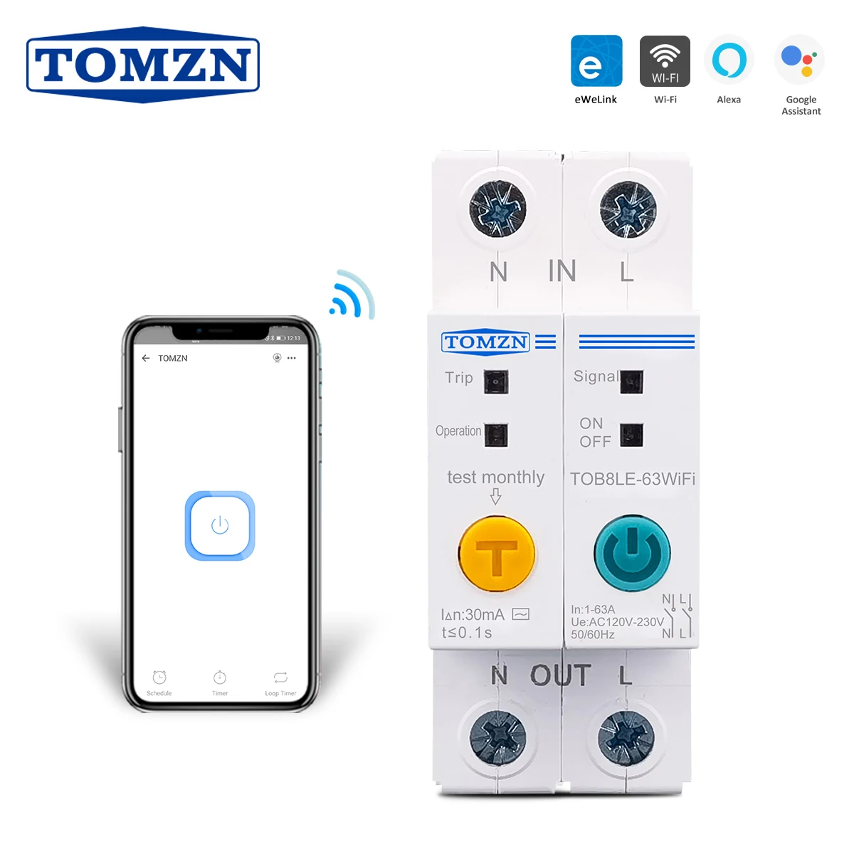 

Din Rail WIFI MCB with Leakage Protection Circuit Breaker Smart Switch Remote Control by Ewelink APP for Smart Home 63A