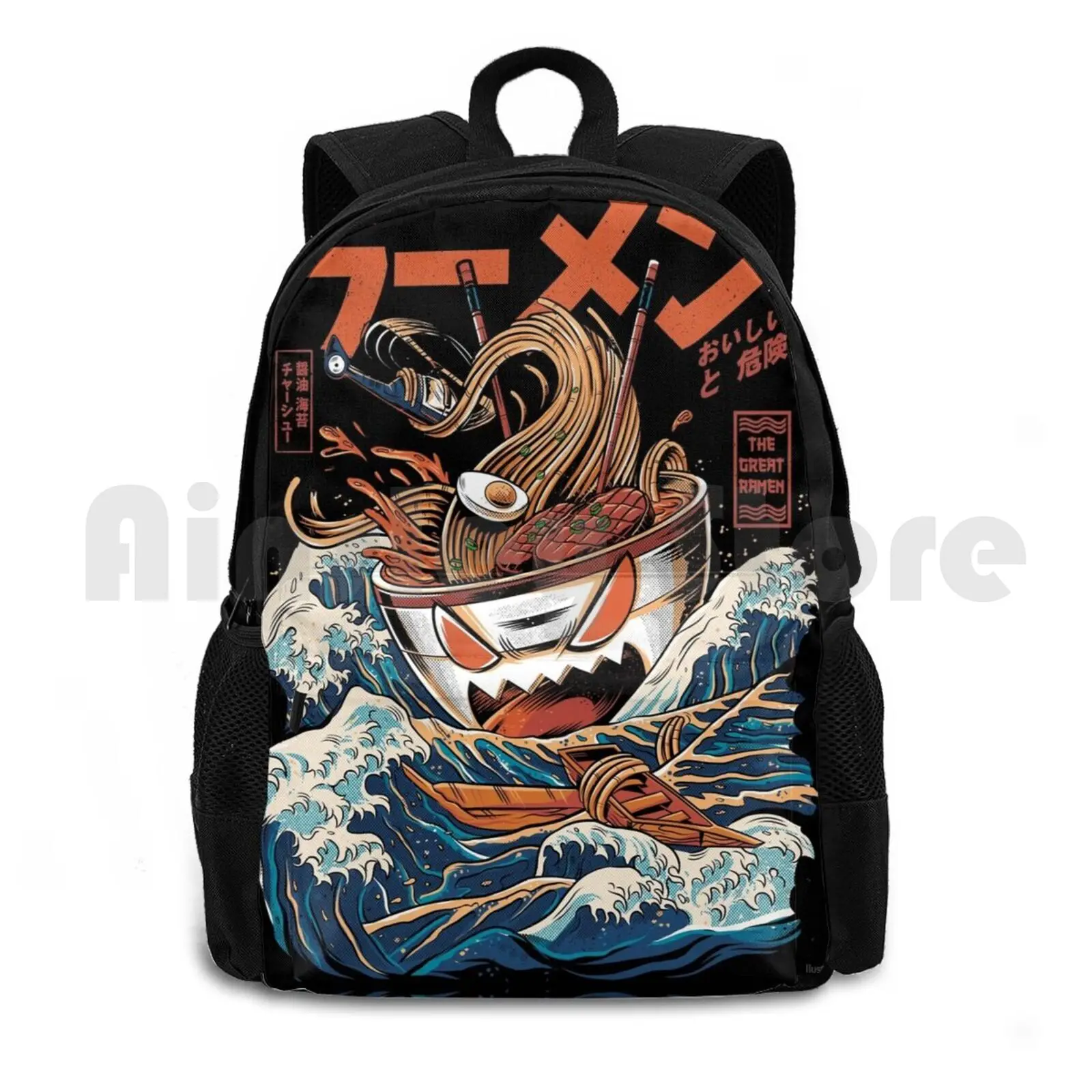 The Black Great Ramen Outdoor Hiking Backpack Waterproof Camping Travel Food Great Wave Off Kanagawa Great Wave Kaiju Japanese