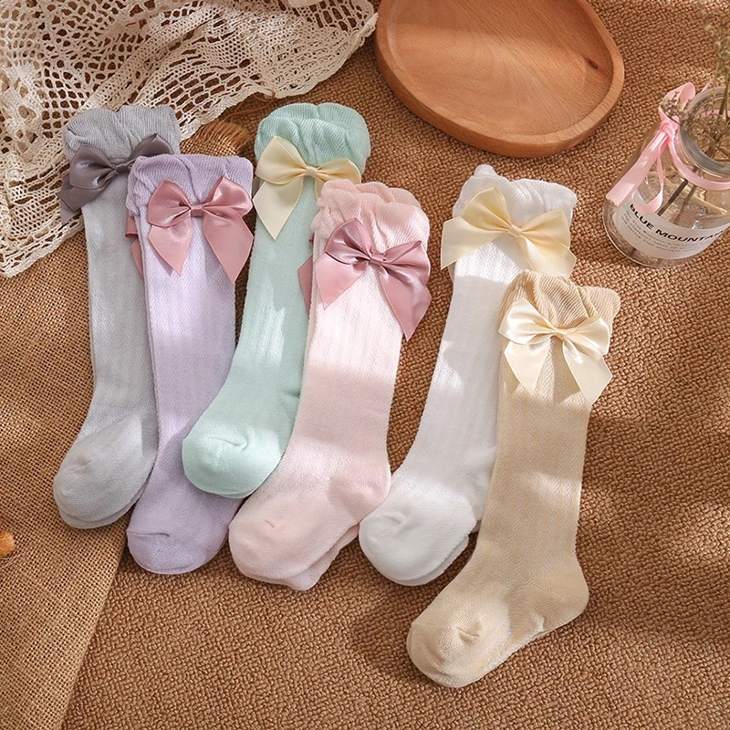 

Baby Girls Socks Toddlers Bow Long Sock Kids Knee High Soft Cotton Mesh Spanish Style Children 0-5 Years Breathable Socks Spring