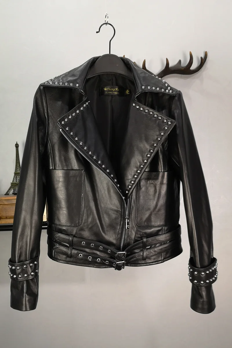 Rivet Studded Leather Jacket Women Motorcycle Biker Natural Real Sheepskin Natural Leather Coat Female Black Jacket Clothing Top