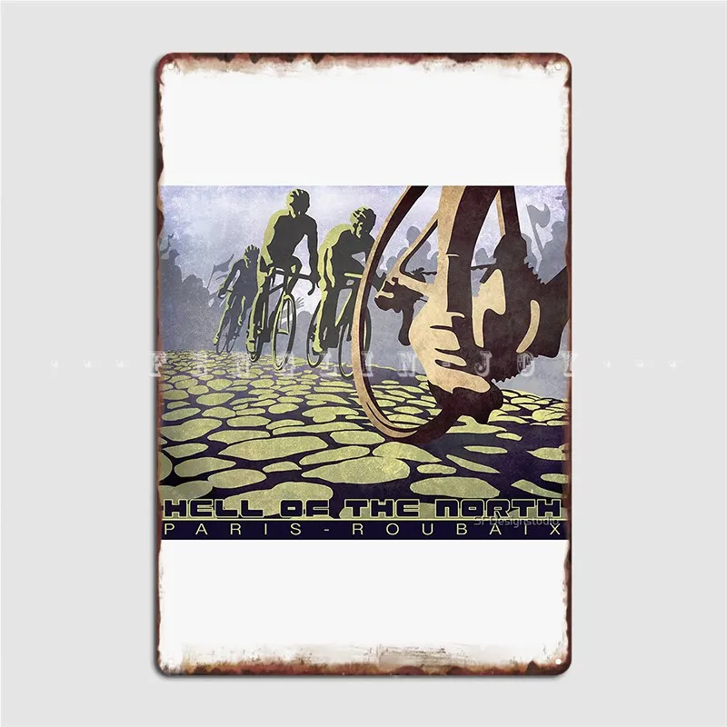 Cycling Illustration Hell Of The North Retro Paris Roubaix Metal Sign Wall Pub Club Bar Wall Decor Custom Tin Sign Poster