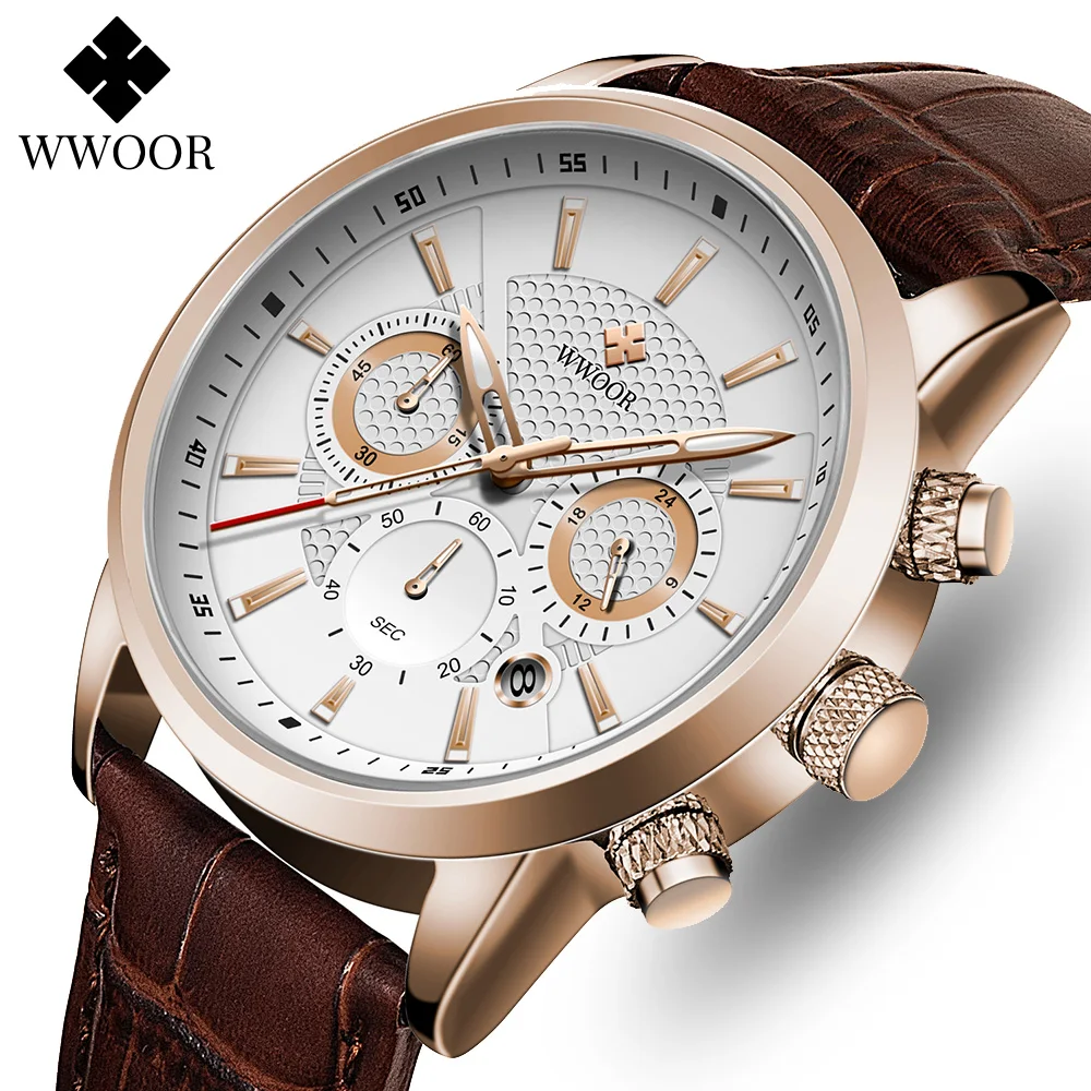 

WWOOR Watch For Men Brand Luxury Leather Quartz Wristwatch Male Waterproof Date Luminous Chronograph Men's Watch Relojes Hombre