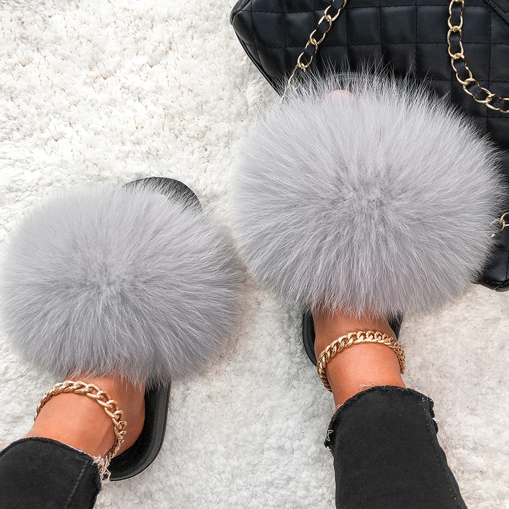 Hottest Women 100% Real Fox Racoon Fur Slippers Lady\'s Lovely Furry Slippers Slides Soft Plush Slippers Women Fluffy Plush Shoes