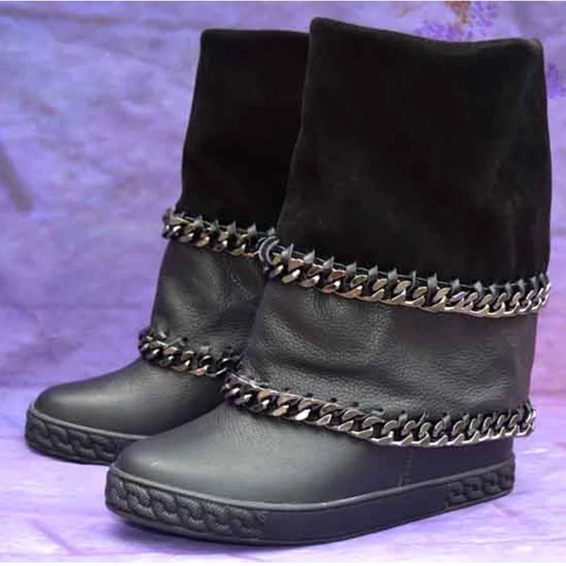 

Rain Boots winter boots for women winter black Suede genuine leather metal Chain 8CM height increasing platform Fur cowboy boots