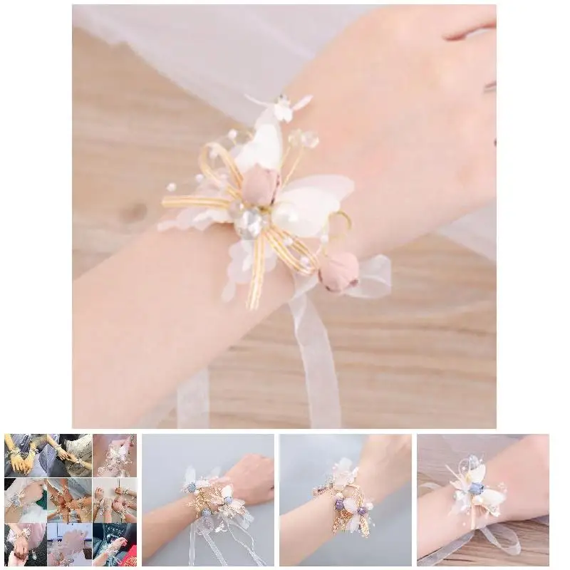 Ramillete de muñeca de flores, pulsera de mano de dama de honor de mariposa para boda, baile de graduación para niñas
