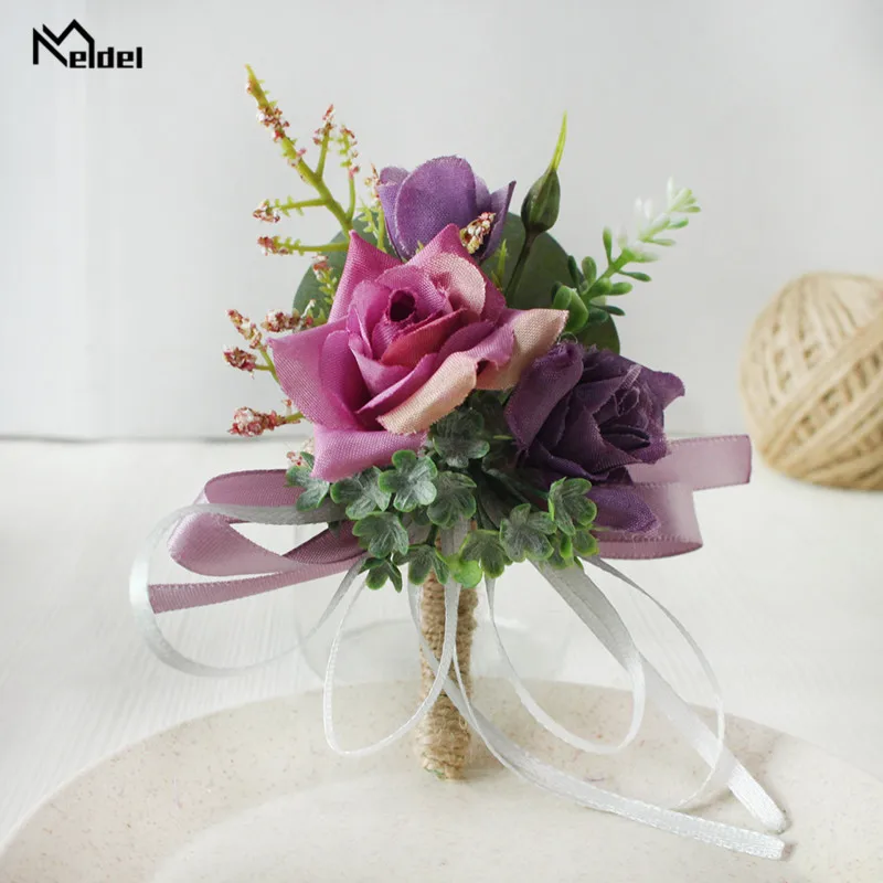 Meldel Boutonniere Corsage แต่งงานสร้อยข้อมือ Bridesmaids สีขาวเจ้าบ่าว Boutonniere ดอกไม้ Corsages และ Boutonnieres เข็มกลัด