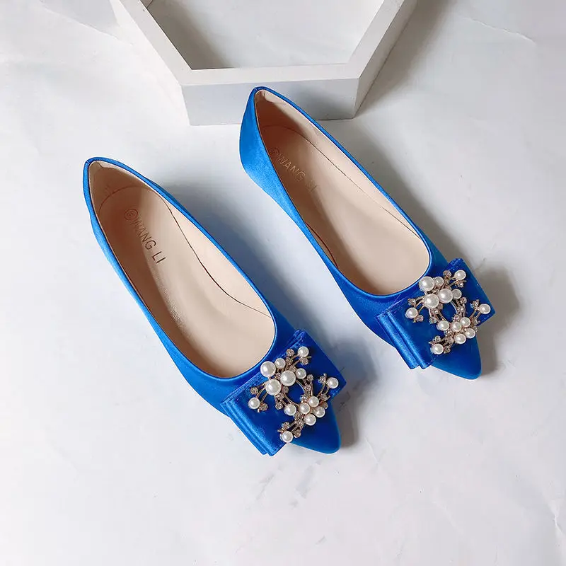 Silk Satin Wedding shoes Flats Plus Big Size Elegant Women Shoes,Dark Blue/Royal Blue Satin Pears Shoes Loafers SIZE31-44 US11