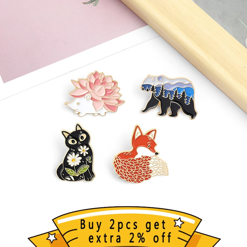 Landscape Flower Tattoo Animals Enamel Pin Hedgehog Fox Bear Cat Lapel Badges Cartoon Pins Gifts for Friends Jewelry Wholesale