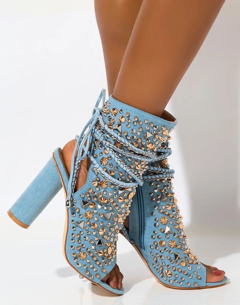 

Light Blue Jeans Chunky Heels Rivets Ankle Boots Woman Peep Toe Metal Spikes Studs Lace-up Denim Booties for Woman