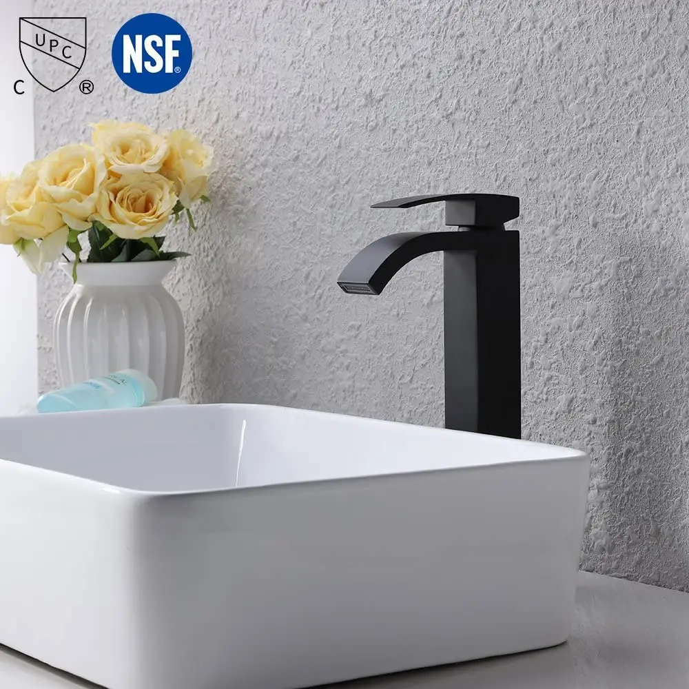 Bathroom Sink Faucet Single Handle Waterfall Spout for Vessel Brass Bowl Sink Faucet Countertop Tall Matte Black