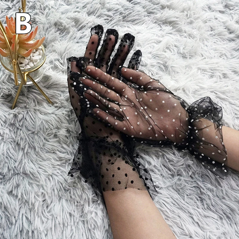 Women\'s Short Tulle Gloves Stretchy Lace Spots Lotus Leaf Sheers Flexible Full Finger Black Sexy Sunscreen Anti-UV Mittens