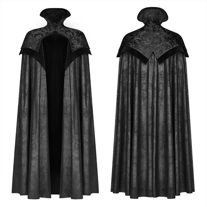 

PUNK RAVE Men Noble Gothic Men's Black Long Cloak Stand Collar Embossed Velvet Cape Vampire Renaissance Halloween Coat WY1079