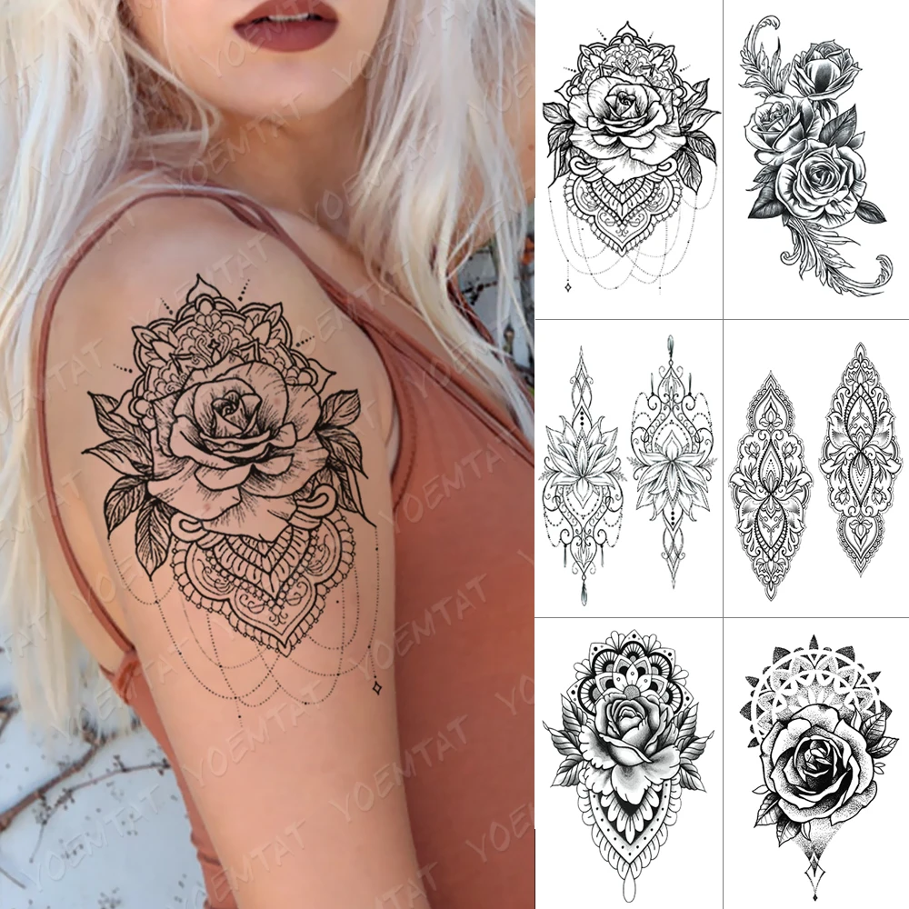 

Waterproof Temporary Tattoo Sticker Rose Peony Lace Henna Flash Tattoos Flower Lotus Body Art Arm Fake Tatoo Women Men