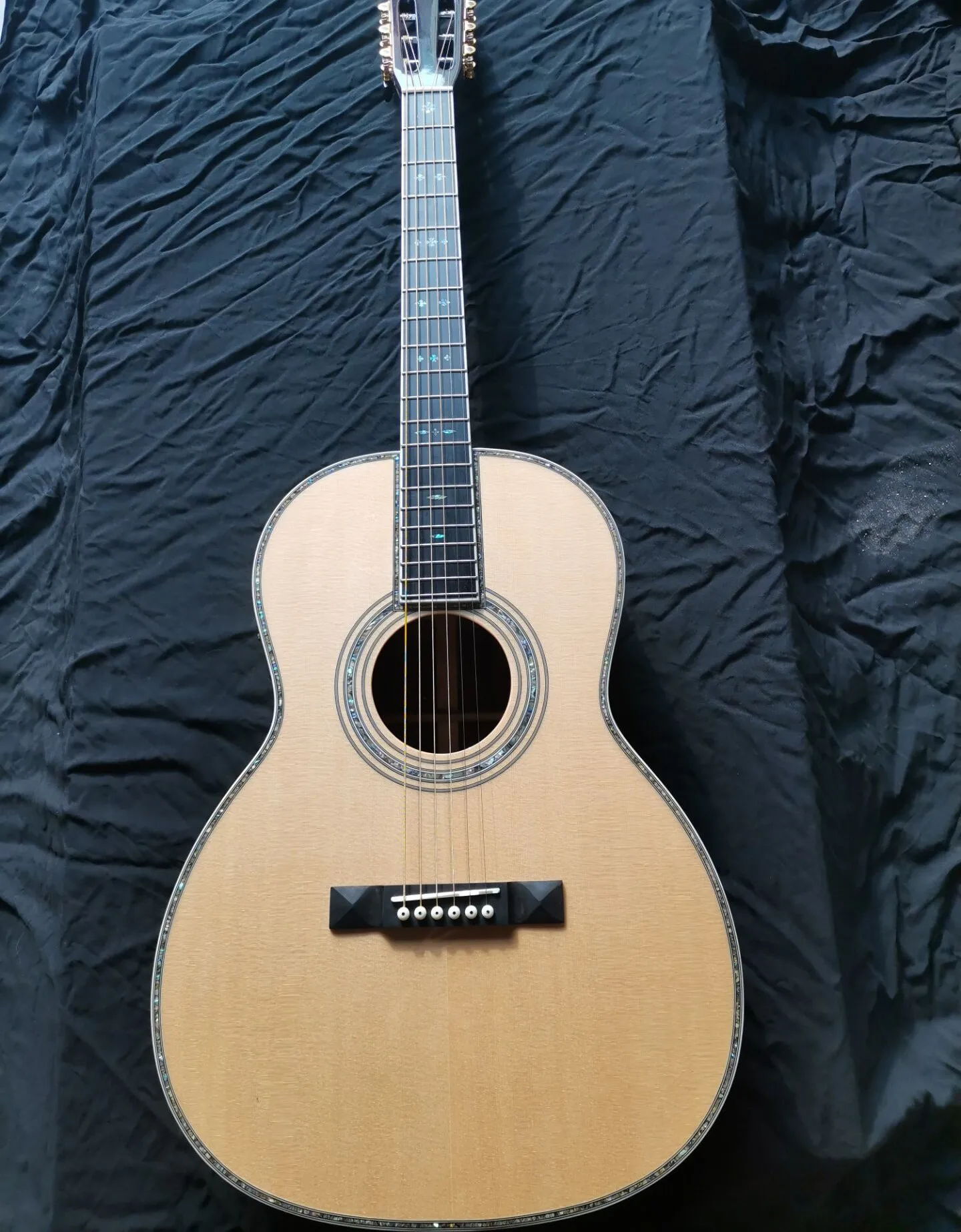 Solid Spruce Slot Head Acoustic Folk Guitar, Custom Ebony, Fancy Abalone, 12 Fret, 42 Style, Free Shipping