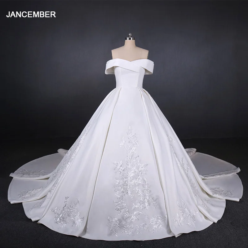 LSDZ21 White Simple French Satin Sweetheart Princess Wedding Dresses 2020 Appliques Ball Gowns Short Sleeve Off The Shoulder