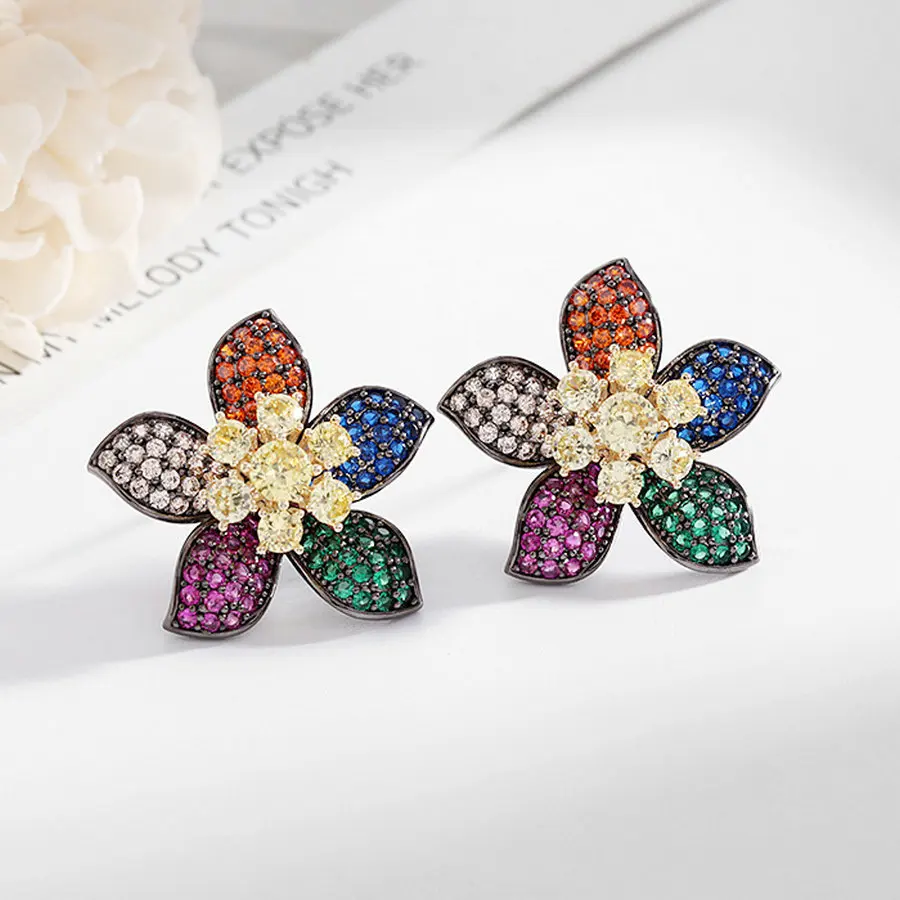 1 Pair Colorful CZ Flower Luxury Stud Earrings Sexy Fully-Jewelry Female Fashion Earrings For Woman Gift