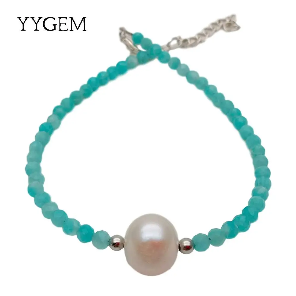 KKGEM Natural 3.5mm Green Peruvian Amazonite 10-11mm White Pearl Bracelet 8