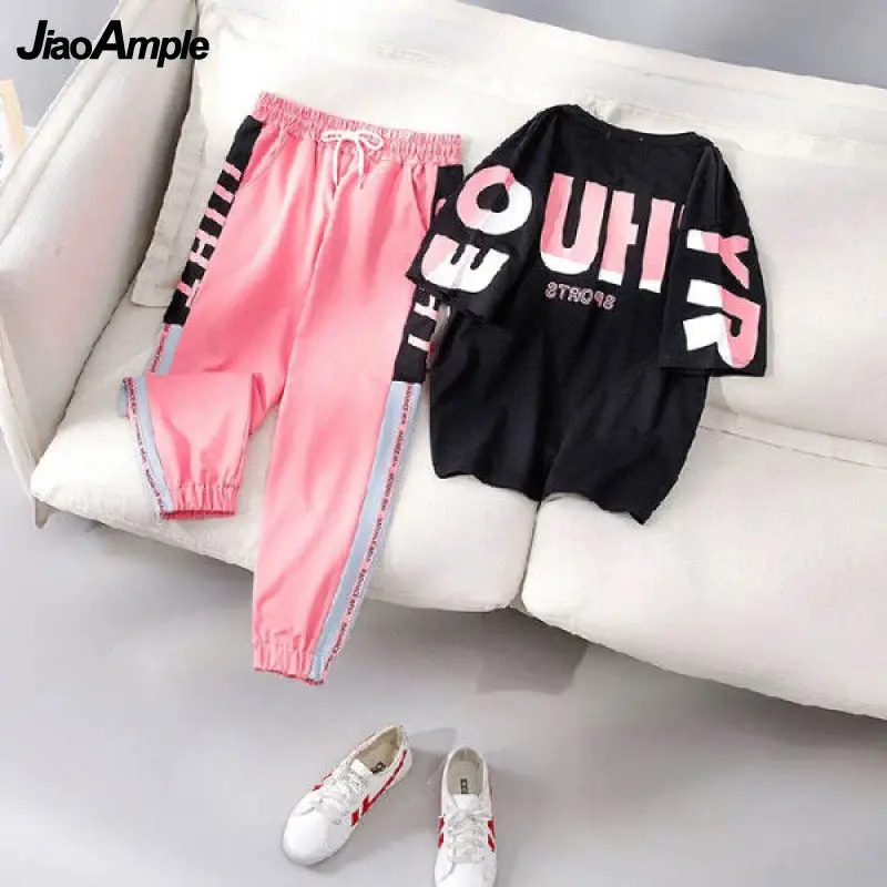 Women Sportswear Tracksuit 2024 New O-Neck Thin Cute Letters Short-sleeved Top Trousers Two Piece Set Female Casual Pantsuit