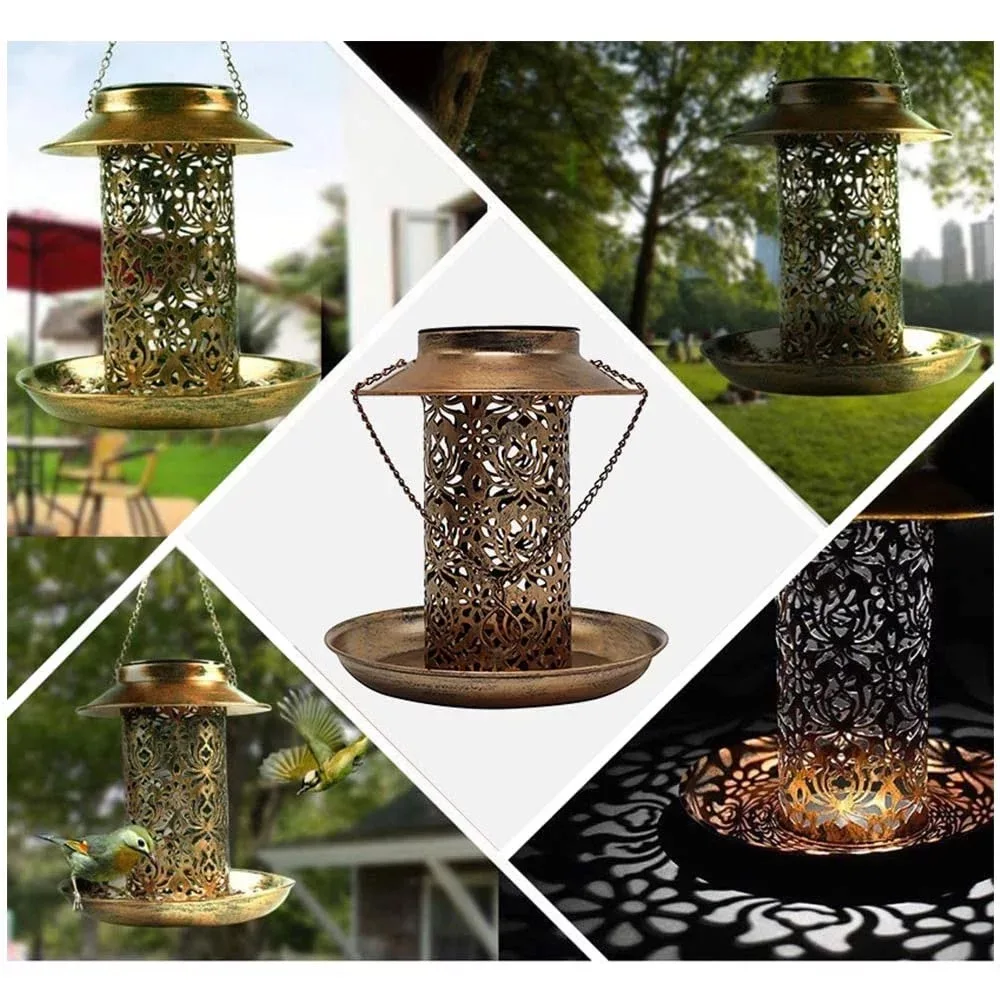 Solar LED Bird Feeder Iron Art Hot Sale Outdoor Light Antique Garden Decoration Lamp