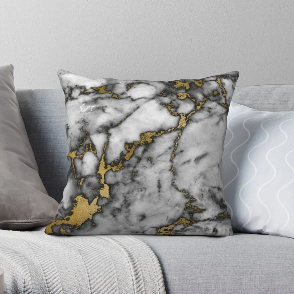 Grey Marble Gold Streaks Square Pillowcase Polyester Linen Velvet Printed Zip Decor Sofa Seater Cushion Cover