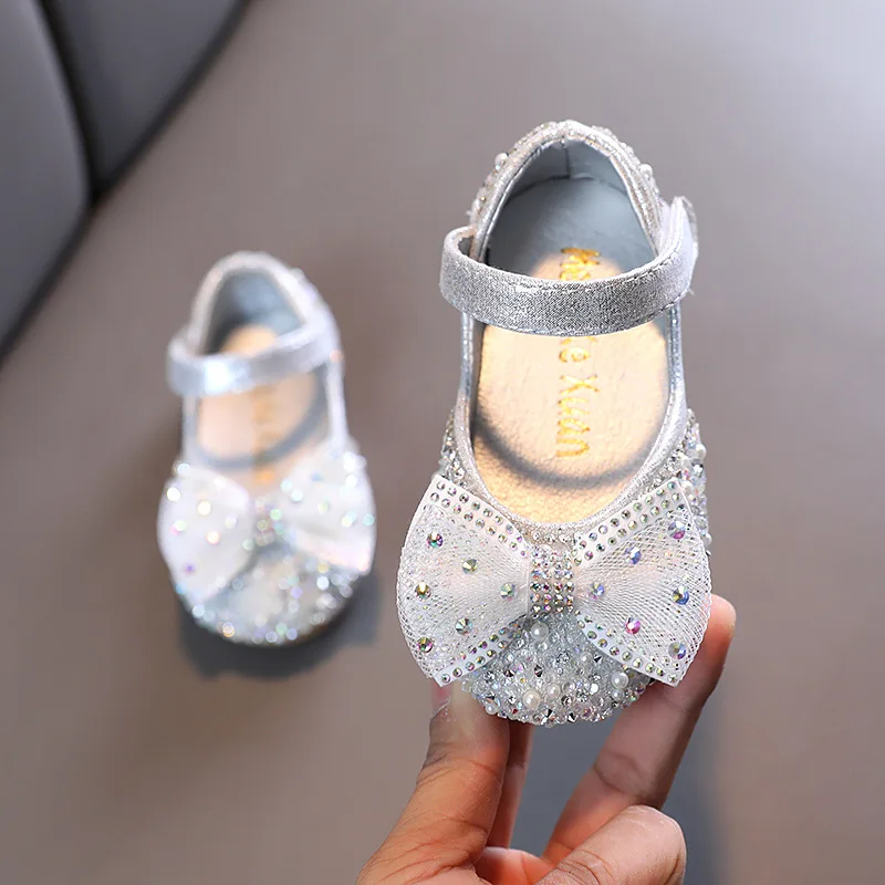 

2023 New Girls Rhinestone Bow Single Shoes Children Princess Shoes Baby Flats Performance Dance Shoes Kids Wedding Shoes G510