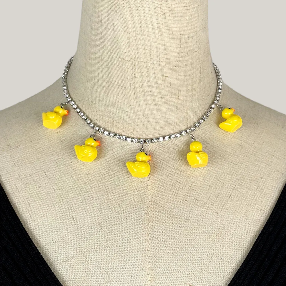 Fashion Cute Cartoon Little Yellow Duck Charms Pendant Necklace for Women Shining Crystal Tennis Chain Necklace Creative Jewelry