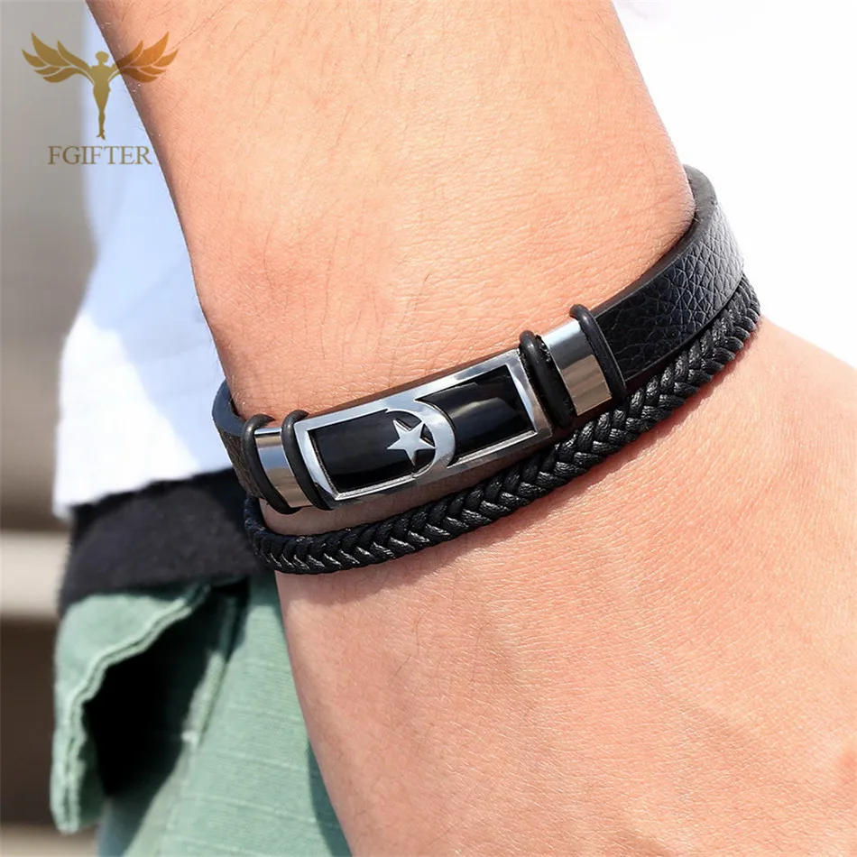 Islam Jewelry Turkey Moon Star Bracelet Woven Leather Bracelet Stainless Steel Cuff Bracelet Men Religious Wrist Jewelry