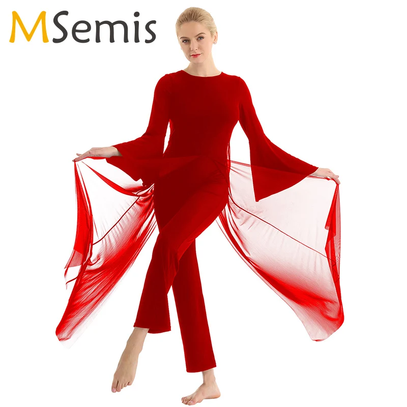 Women Lyrical Dance leotards Dress One-piece Round Neck Long Flare Sleeves Mesh Overlay Culottes Leotard dance costume Jumpsuit