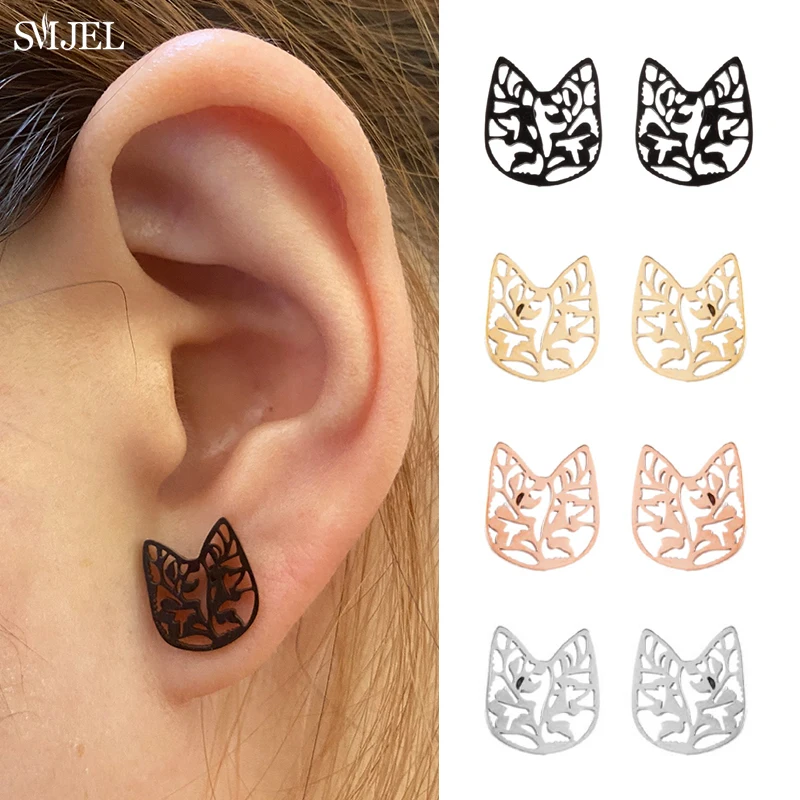 New Arrival Cute Cat Ears Small Stud Earrings for Women Fashion Design Cat Head Plant Earring Stainless Steel Jewelry Pendientes
