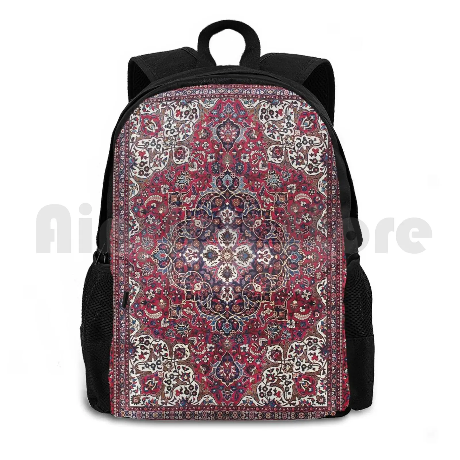 

North Persian Red And Blue Antique Carpet Print Outdoor Hiking Backpack Riding Climbing Sports Bag Persian Rug Carpet Vintage