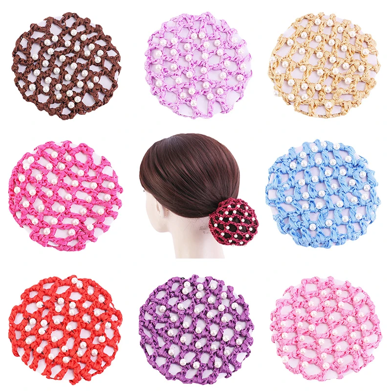 2021 New Pearl Women Bun Cover Snood Fashion Hair Net Ballet Dance Skating Crochet Pearl Styling Headwear Girls Hair Accessories