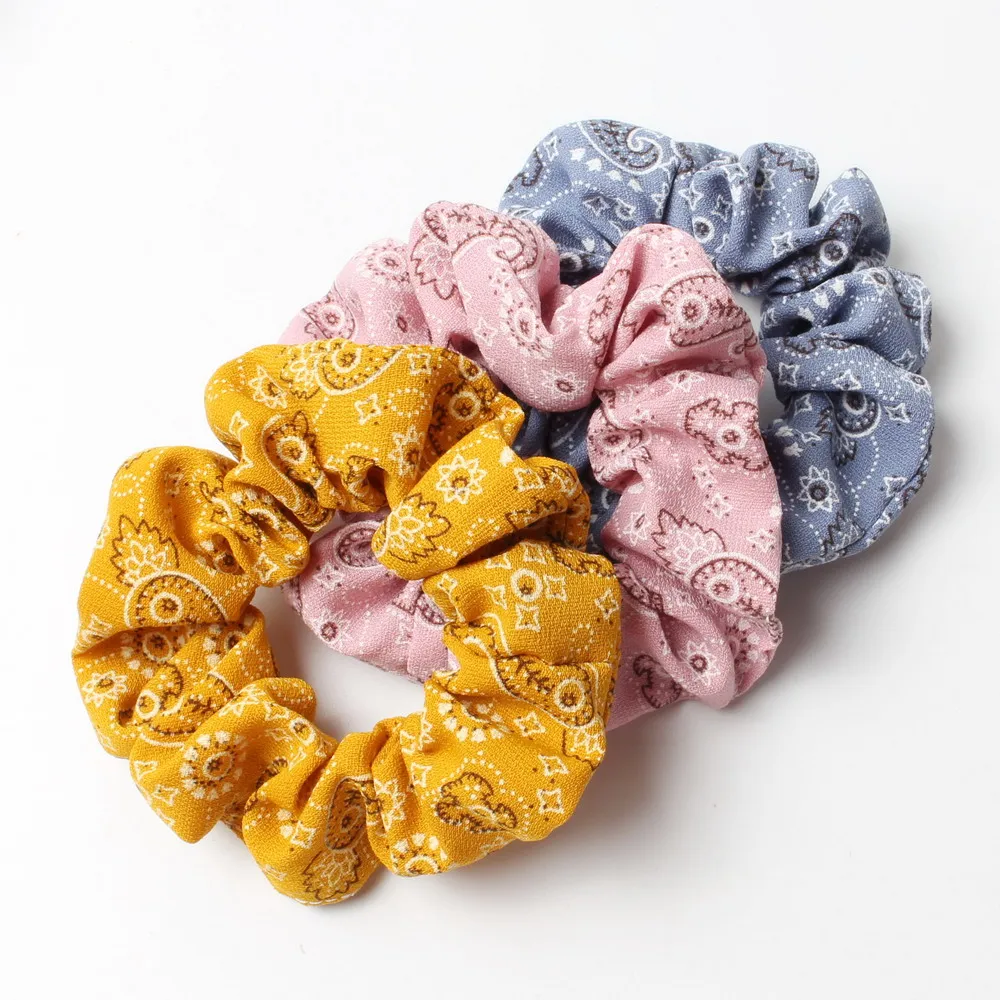 

3PK Fashion Hair Scrunchie Set Large Intestine Hair Rope Ethnic Retro Paisley Floral Printed Ponytail Holder Bandanna Scrunchies