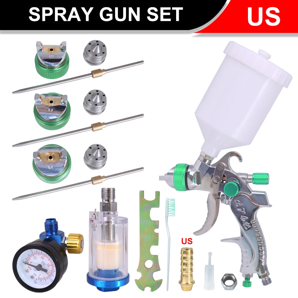 Professional HVLP Spay Gun 1.4/1.7/2.0mm Nozzle Gravity Airbrush +Pressure Regulator + Water And Oil Separator Set