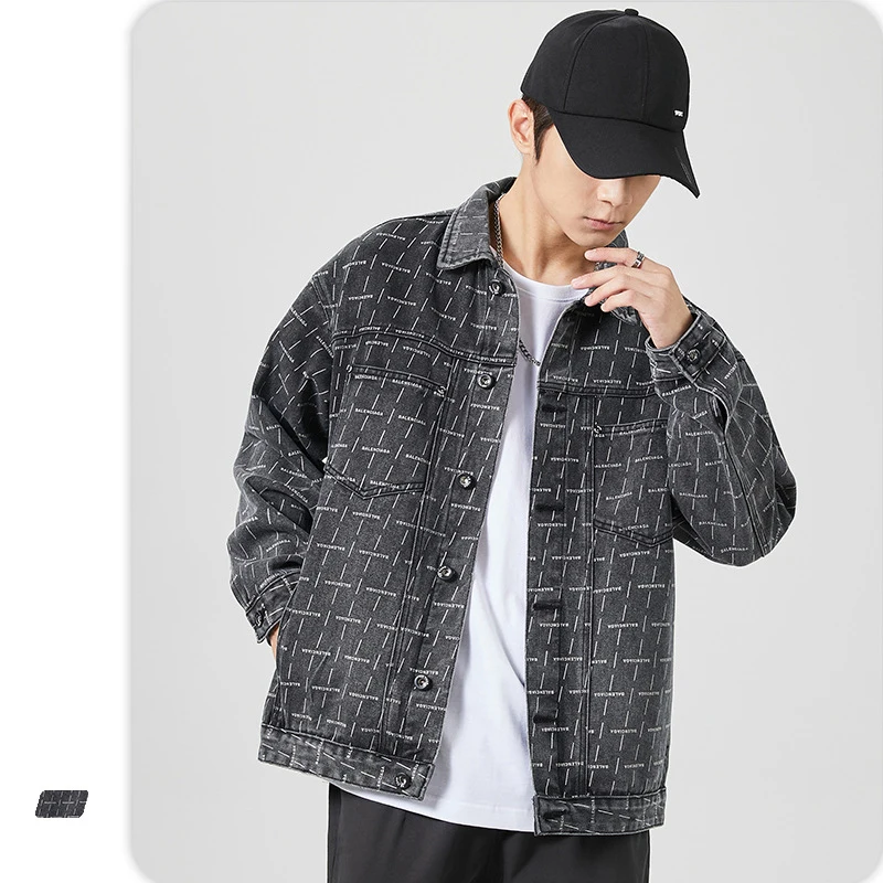 

Autumn Black Denim Jackets For Men Ins Trendy High Street Full Printing Hip Hop Harajuku Simple Loose Lapel Cowboy Coats Male