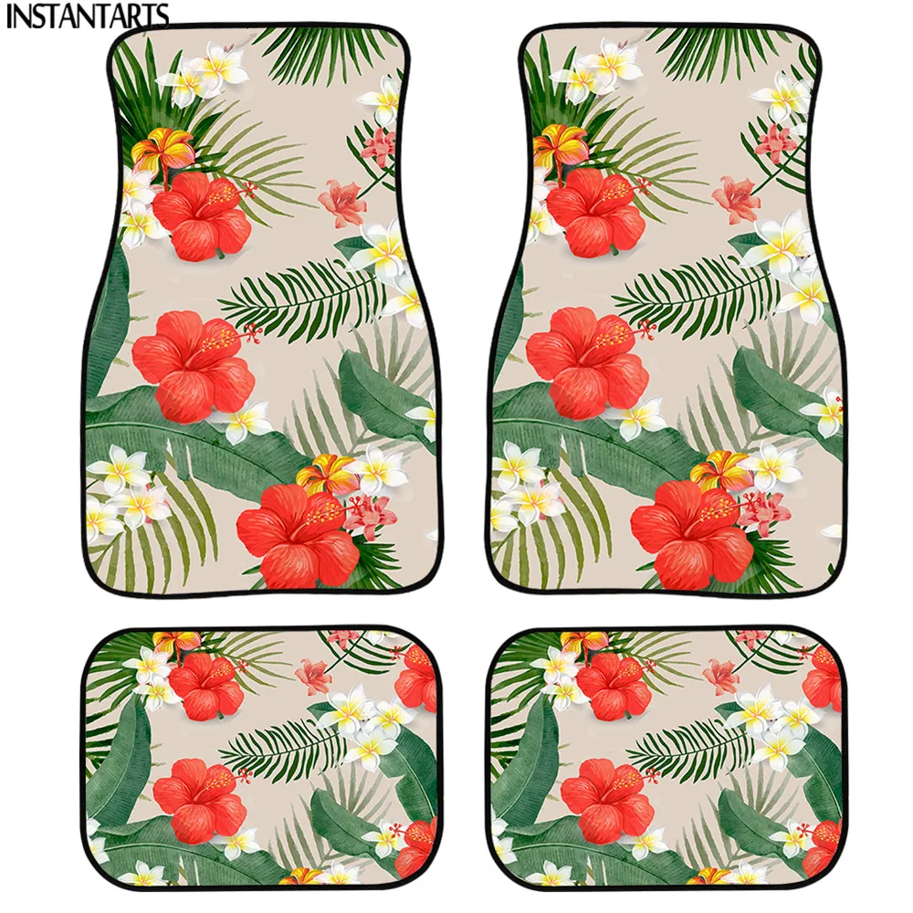 

Резиновые напольные коврики INSTANTARTS, для автомобилей, с рисунком ФРАНЖИПАНИ, гибискуса, для переднего и заднего полов, полный набор автомобильных аксессуаров, автомобильный коврик, напольный коврик