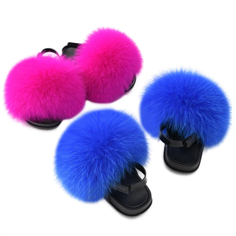 New Kids Back Strap Fur Slides Child Boys Girls Toddler Fluffy Real Fox Fur Slippers Slides Indoor Shoes